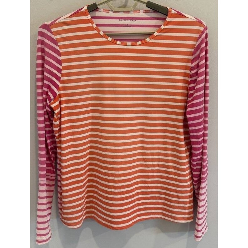 Lands End Orange Pink Long Sleeve Swimsuit Rash Guard Size L 14 16